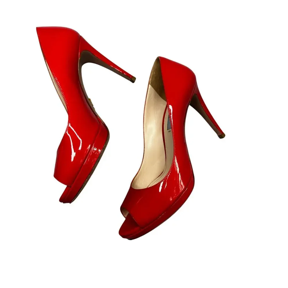 Prada Peep Toe Platform Pumps Red Patent Leather High Stiletto